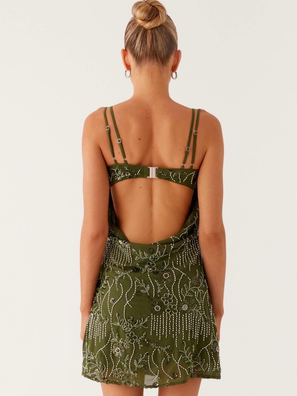 NWT Peppermayo Olive Green Beaded Cowl Mini Dress Cutout Size 6 - Picture 4 of 6